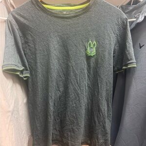 Psycho Bunny Men’s Charcoal Tee with Neon Green Details - Size 5